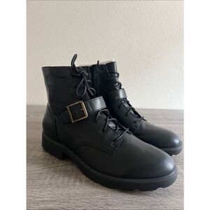 Vionic Catina Black Leather Combat Moto Ankle Boots Lug Sole Size 8.5W